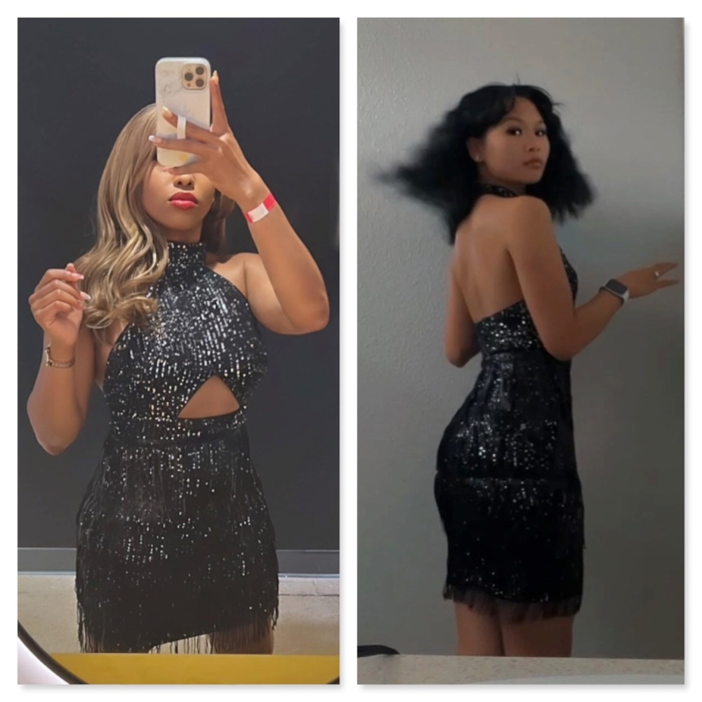 Black Sequined Tassel Cut Out Mini Short Dress Halter Neck - Picture 12 of 14